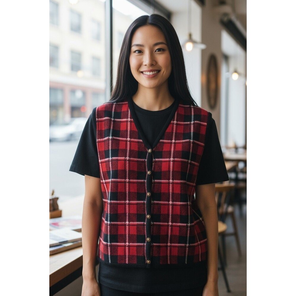 Croft & Barrow Sweater Vest Women’s Size Large Red Black White Plaid V Neck